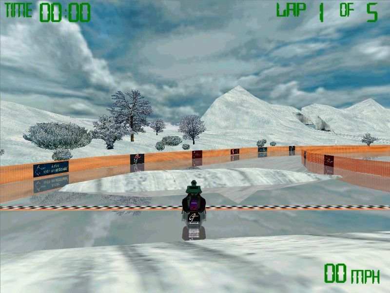 Snowmobile Racing (Windows) screenshot: Practicing on ice.