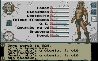 The Final Battle (Atari ST) screenshot: After freeing Jerub the cleric, we can see his stats