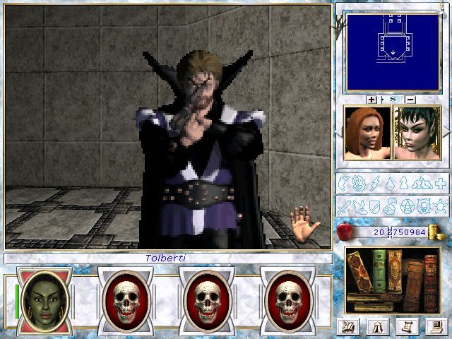 Might and Magic VII: For Blood and Honor (Windows) screenshot: A very tough battle against a blaster-wielding maniac who can eradicate a character in one hit! Luckily, there is a subtle way to bypass it!