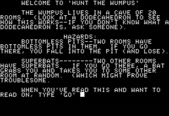 Wumpus (Apple II) screenshot: Wumpus Instructions