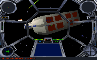 Star Wars: TIE Fighter (Demo Version) (DOS) screenshot: The mission starts as your squadron deploys from friendly Corvettes.