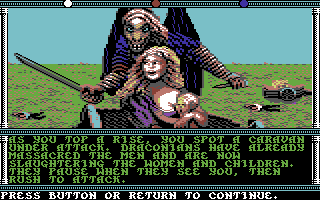 Champions of Krynn (Commodore 64) screenshot: Draconians are attacking a caravan