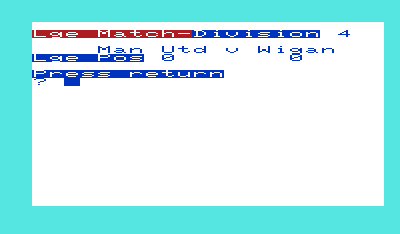 Football Manager (VIC-20) screenshot: League match versus Wigan.