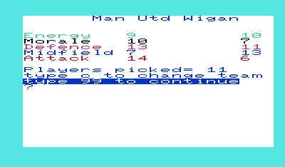 Football Manager (VIC-20) screenshot: Team strengths compared.