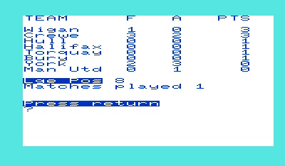 Football Manager (VIC-20) screenshot: League status.