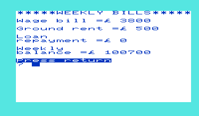 Football Manager (VIC-20) screenshot: Weekly bills.
