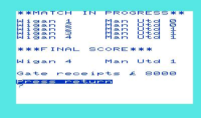 Football Manager (VIC-20) screenshot: A match goes badly.
