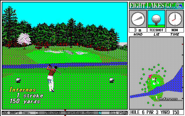 New 3D Golf Simulation: Eight Lakes G.C. (PC-98) screenshot: The hole is on the other side of the lake