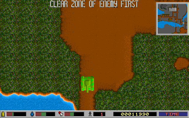 Enemy Lines (DOS) screenshot: The player can explore the level and find the way out but they cannot exit the level until all enemy units have been destroyed.