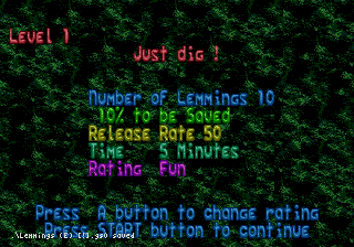 Lemmings (Genesis) screenshot: Starting a level