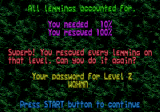 Lemmings (Genesis) screenshot: Level solved