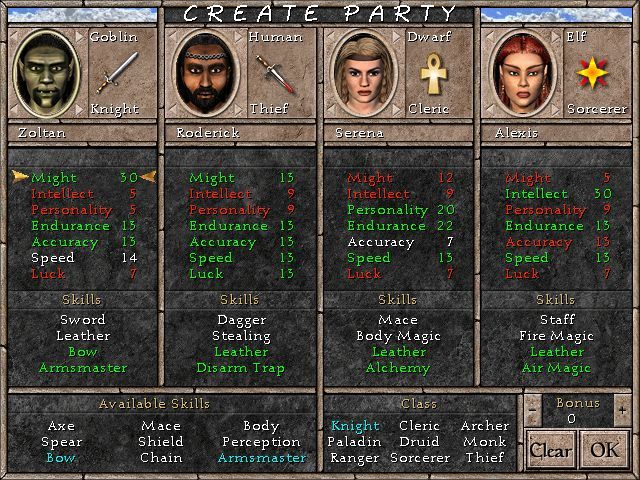Might and Magic VII: For Blood and Honor (Windows) screenshot: Party generation screen
