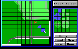 Stunts (DOS) screenshot: By pressing Shift-F1 at the Track Editor, you can unlock the terrain editor easter egg!