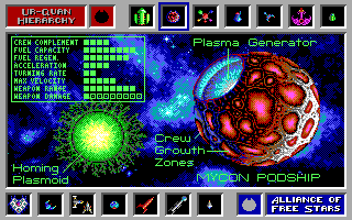 Star Control (DOS) screenshot: Mycon Podship, now with swanky green plasmoids (EGA/Tandy)
