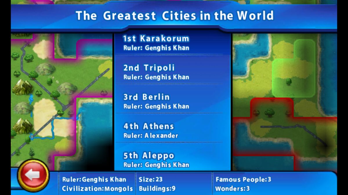 Sid Meier's Civilization: Revolution (Windows Phone) screenshot: The game regularly displays the greatest cities in the world.
