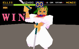 Battle Arena Toshinden (DOS) screenshot: Ellis win! (No 3D accelerator graphic)