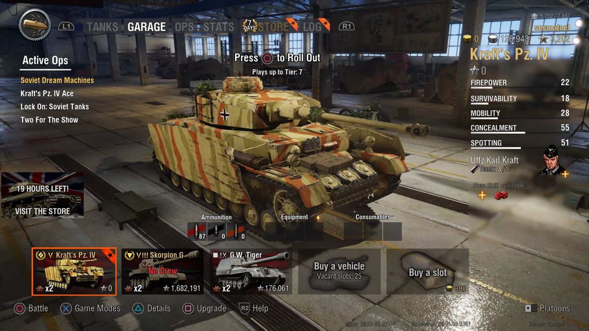 World of Tanks: Kraft's Pz IV Prime (PlayStation 4) screenshot: Kraft's Pz. IV in the garage