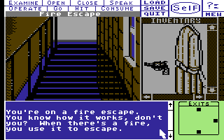 Deja Vu: A Nightmare Comes True!! (Commodore 64) screenshot: On the fire escape.