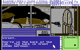 Deja Vu: A Nightmare Comes True!! (Commodore 64) screenshot: In the taxi.