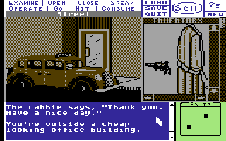 Deja Vu: A Nightmare Comes True!! (Commodore 64) screenshot: Outside a cheap looking office building.