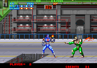 Eight Man (Neo Geo) screenshot: Fighting on a construction site