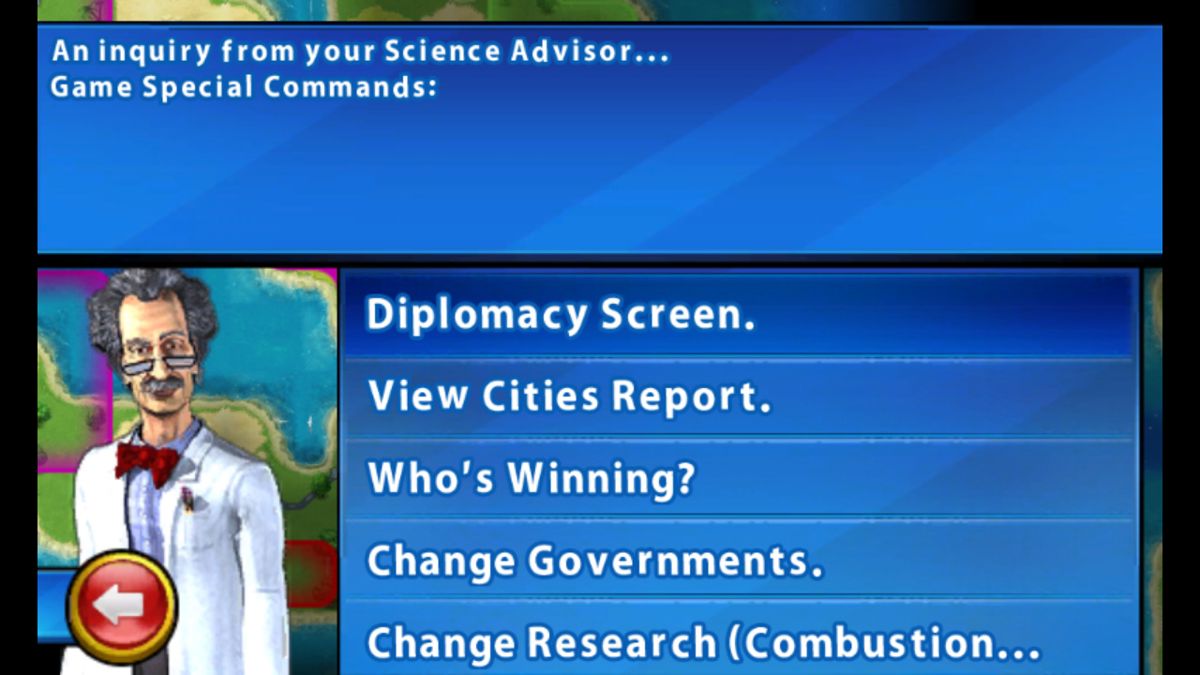 Sid Meier's Civilization: Revolution (Windows Phone) screenshot: Tapping on the information icon in the top right opens the menu for the game special commands.