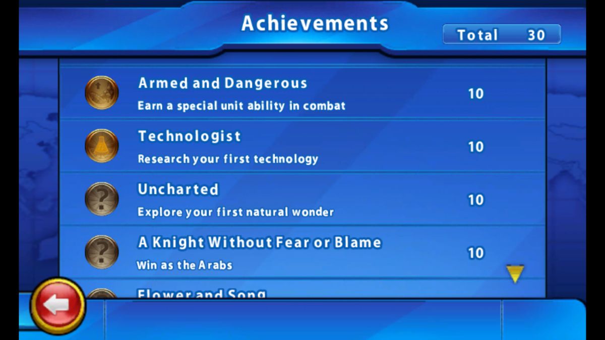 Sid Meier's Civilization: Revolution (Windows Phone) screenshot: Xbox achievements