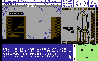 Deja Vu: A Nightmare Comes True!! (Commodore 64) screenshot: Office building lobby.