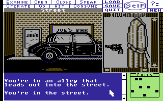 Deja Vu: A Nightmare Comes True!! (Commodore 64) screenshot: Outside Joe's.