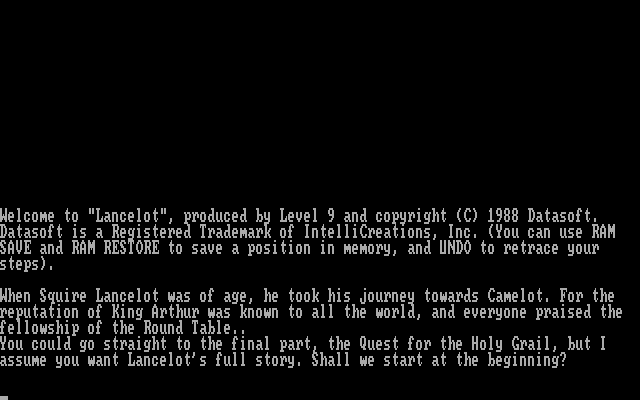 Lancelot (DOS) screenshot: The CGA color version alternates between pictures only and text only (CGA)