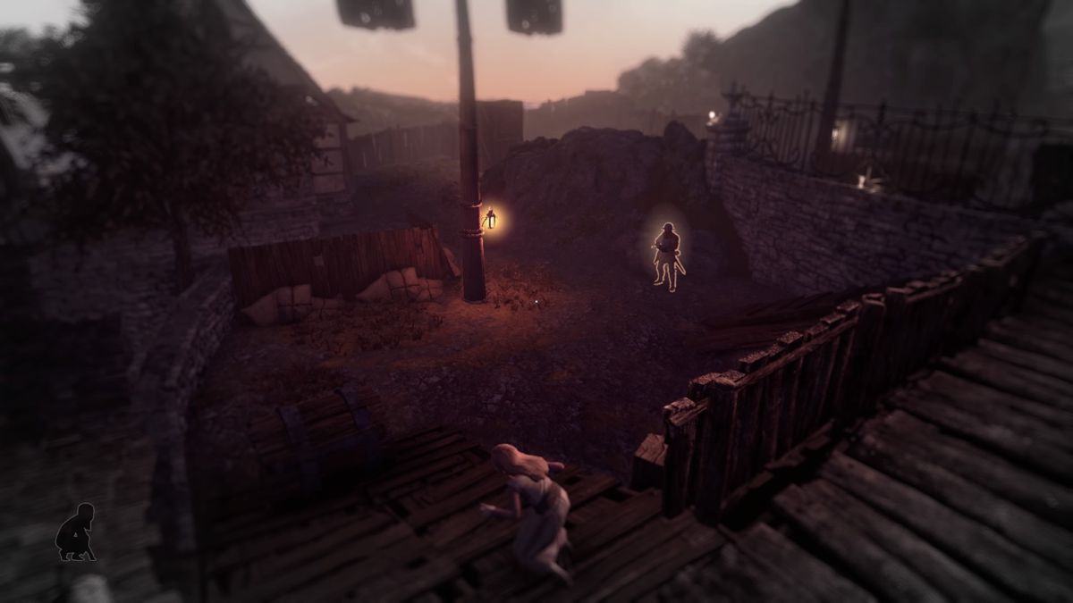 Shadwen (PlayStation 4) screenshot: Pushing the barrel down to alert the guard and make him leave his psot