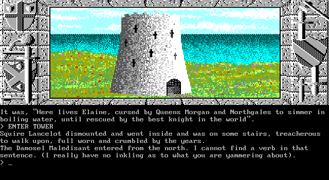 Lancelot (DOS) screenshot: You have to save a woman from this tower. (EGA)