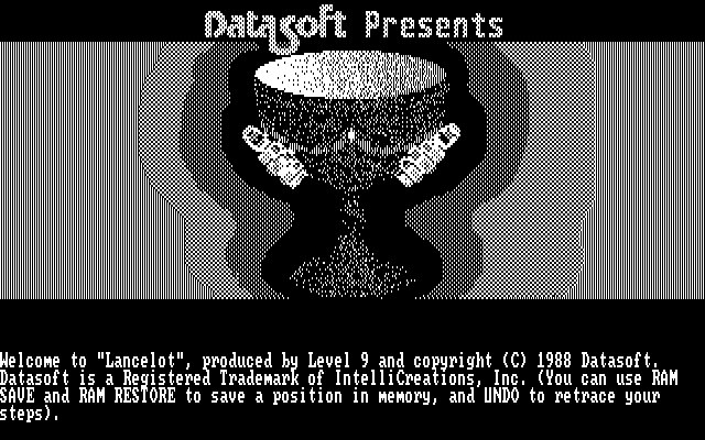 Lancelot (DOS) screenshot: Title screen (CGA monochrome)