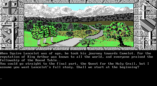 Lancelot (DOS) screenshot: Game start - Lancelot travelling on the outskirts of Camelot (EGA)