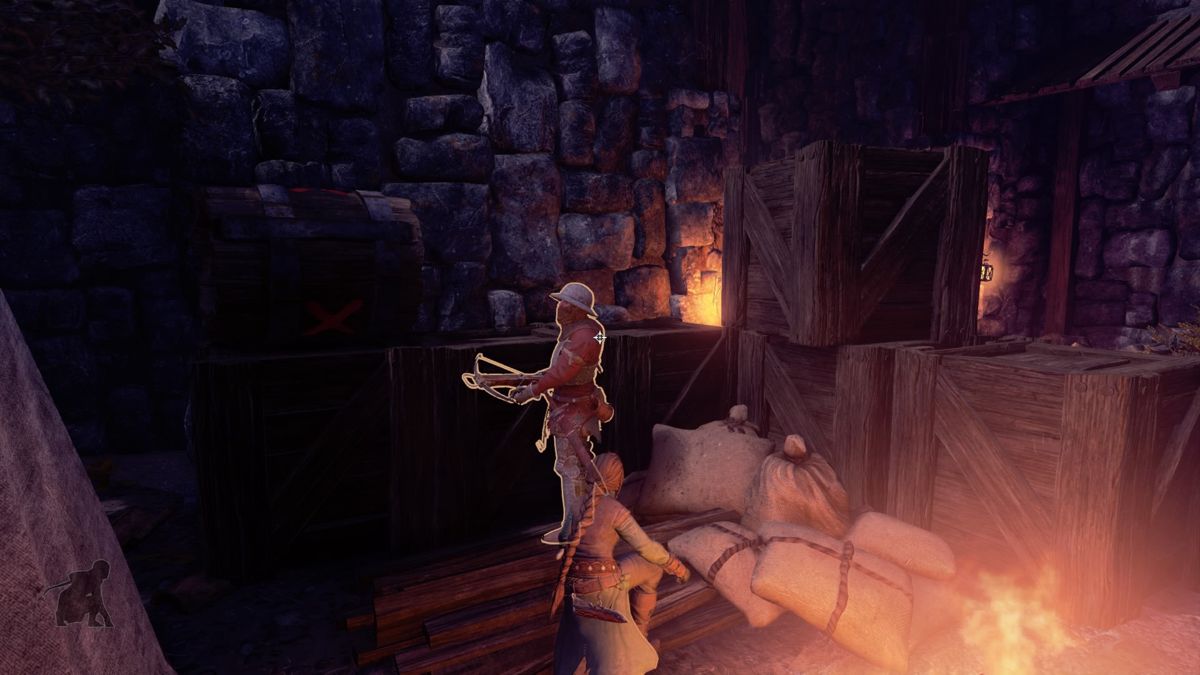 Shadwen (PlayStation 4) screenshot: Yellow outline indicates guard being aware of something and coming to investigate
