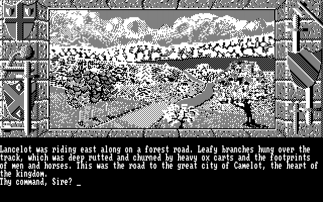 Lancelot (DOS) screenshot: Starting the game (CGA monochrome)