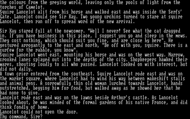 Lancelot (DOS) screenshot: You can choose between 80 column or 40 column text; this is the 80 column version (CGA)