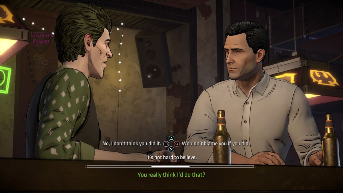 Batman: The Telltale Series - The Enemy Within: Episode Two - The Pact (PlayStation 4) screenshot: Meeting John for a drink, and to discuss the meeting with his friends