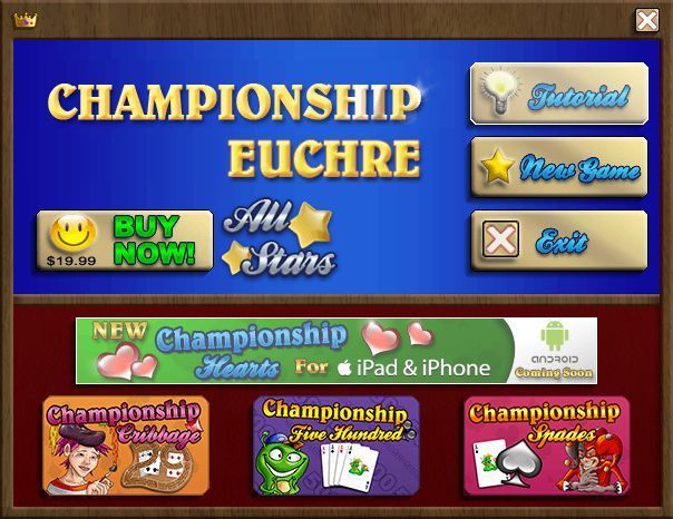 Championship Euchre All-Stars (Windows) screenshot: This is displayed when the unregistered version of the game starts. Apart from the marketing options it allows the player to start a new game or resume an existing game. (v7.5)