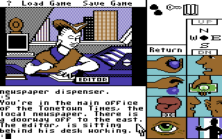 Tass Times in Tonetown (Commodore 64) screenshot: Editor of the Tonetown Times.