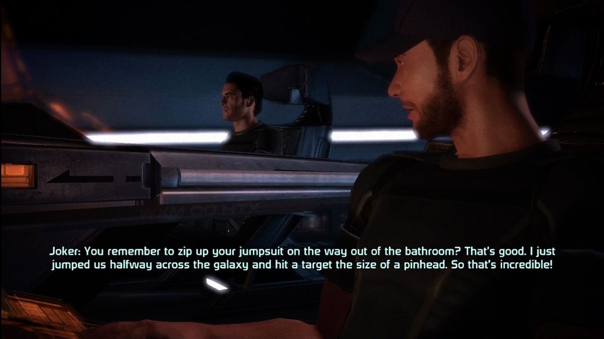 Mass Effect (Xbox 360) screenshot: <moby developer="Seth Green">Seth Green</moby> cracks wise as wisecracking pilot "Joker"
