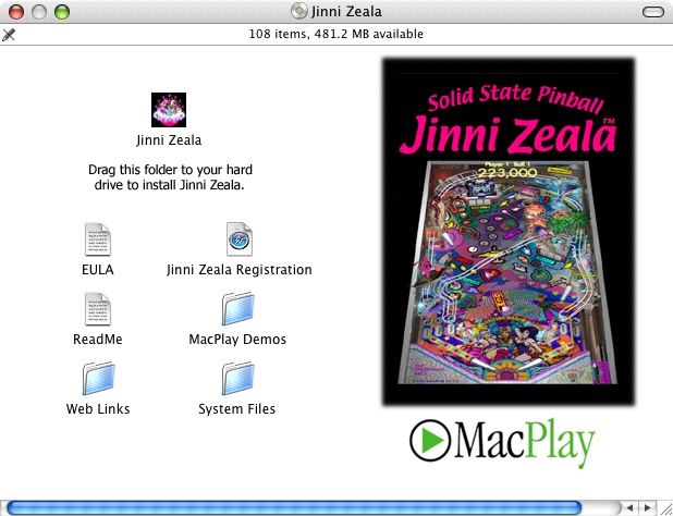 Solid State Pinball: Jinni Zeala (Macintosh) screenshot: Install/Title