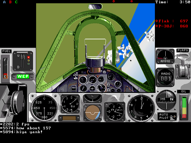 Air Warrior (DOS) screenshot: Fly through his plane's smoke trail as he breaks right into the ground. He is finished!