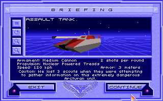 Stellar 7 (DOS) screenshot: The pre-game briefing shows some of the enemies (MCGA/VGA)