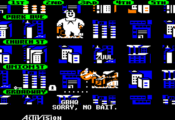 Ghostbusters (Apple II) screenshot: A marshmallow catastrophe!!!