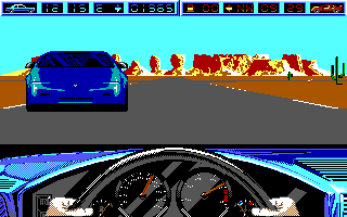 Highway Patrol II (DOS) screenshot: Meeting the blue car (EGA)