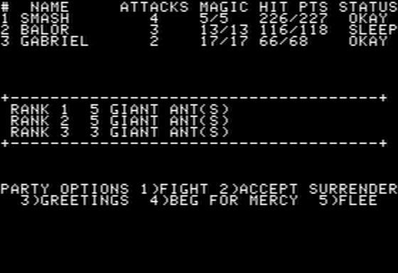 Phantasie (Apple II) screenshot: In Combat with Giant Ants