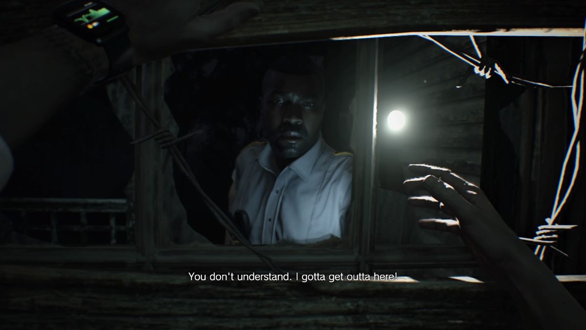 Resident Evil 7: Biohazard (PlayStation 4) screenshot: Asking deputy to save you