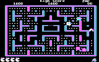 Jr. Pac-Man (DOS) screenshot: Munch on dots, and avoid the ghosts (CGA)