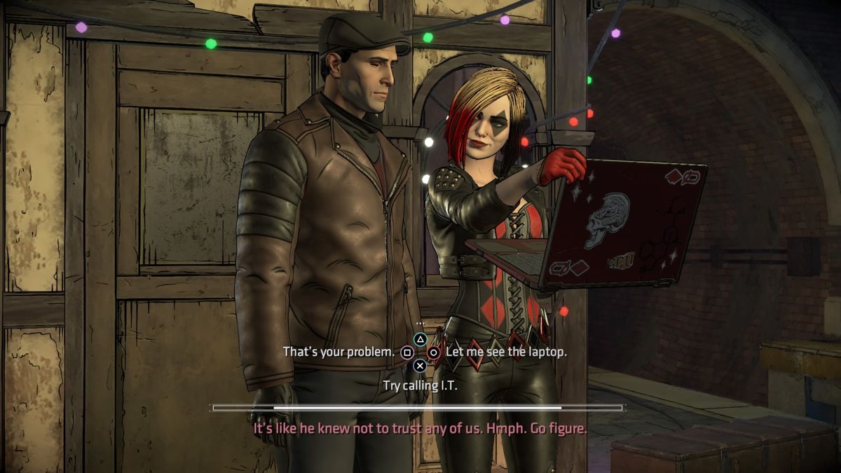 Batman: The Telltale Series - The Enemy Within: Episode Three - Fractured Mask (PlayStation 4) screenshot: Hayley entrusting you with info regarding Riddler's encrypted laptop